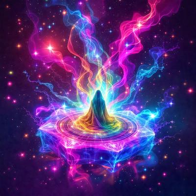 The primary subject of the image is a colorful, swirling, and vibrant pattern, which appears to be a digital art or illustration. The setting is a dark, starry background, creating a contrasting and dramatic atmosphere. The visual style is a mix of digital art and illustration, with a focus on the swirling patterns and vibrant colors. The dominant colors in the image are purple, pink, and blue, which contribute to the overall mood of the artwork.